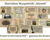 Ilustracja przedstawia kolaż z fragmentami analizy dramatu "Wesele" Stanisława Wyspiańskiego.