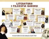 Ilustracja przedstawia kolaż kart z informacjami o literaturze i filozofii baroku, z portretami postaci i symbolami epoki.