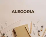 Narożnik z przyborami szkolnymi: linijka, ołówek, zeszyt, spinacze i gumki. Napis "ALEGORIA".