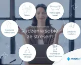 Jak się uspokoić? Grafika pokazuje sposoby na radzenie sobie ze stresem: spacer, relaksująca kąpiel, odłożenie telefonu, zioła, medytacja/joga i ćwiczenia oddechowe.