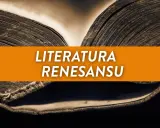 Stary, otwarty księgozbiór z napisem "LITERATURA RENESANSU" na pomarańczowym tle.