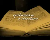 Otwarta, pożółkła księga z greckim tekstem i białym napisem "epikureizm w literaturze".