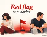 Para siedzi odwrócona od siebie, z czerwoną flagą i syreną między nimi. To symbol tego, co to znaczy red flag w związku.