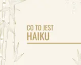 Ilustracja z bambusami i napisem "CO TO JEST HAIKU" w kolorze złotym.