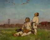 Obraz przedstawia dwóch mężczyzn w strojach ludowych patrzących w niebo, na tle wsi i krów.