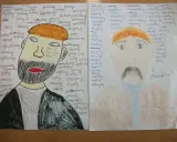Cześnik z brodą i wąsami, otoczony słowami opisującymi jego cechy. Obok jego portretu, również z wąsami, lista cech.