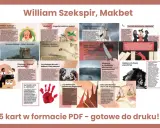 Ilustracja przedstawia kolaż grafik i zdjęć związanych z Makbetem Szekspira, w tym portret Szekspira, szkocki zamek, rękę z krwią i sylwetki postaci.