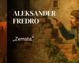 Dwaj mężczyźni w strojach historycznych, jeden w czerwonym, drugi w niebieskim, kłócą się na tle ceglanego muru.