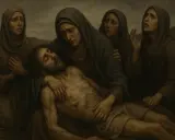 Obraz przedstawia Matkę Boską trzymającą na rękach martwe ciało Jezusa, otoczoną przez opłakujące kobiety.