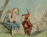 Dziewczynka z płaczem ukrywa twarz, a obok niej stoi krasnoludek z fajką.