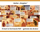 Ilustracja przedstawia kolaż grafik i tekstu dotyczących komedii Moliera "Skąpiec".