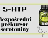 Butelka suplementu 5-HTP i wzór chemiczny serotoniny.