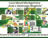 Plakat informacyjny o książce "Ania z Zielonego Wzgórza", przedstawiający autorkę, bohaterów, motywy i przesłanie powieści.