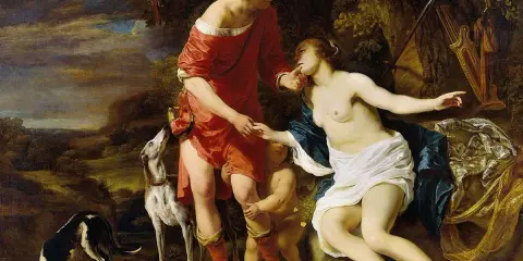 Piękny Adonis, w otoczeniu psów i amorka, żegna się z ukochaną.