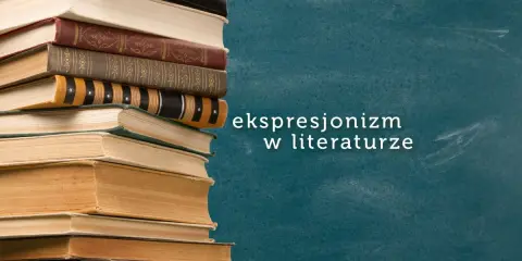 Stos książek, a obok napis "ekspresjonizm w literaturze".