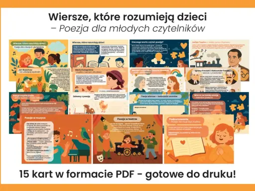 Ilustracja przedstawia kolaż z portretami poetów, dzieci czytających wiersze i motywami związanymi z poezją.