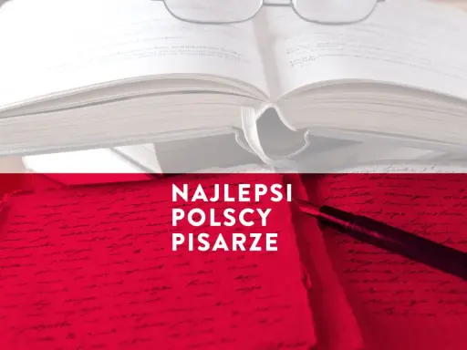 Otwarta księga i pióro na tle rękopisu. Tytuł: Najlepsi polscy pisarze.