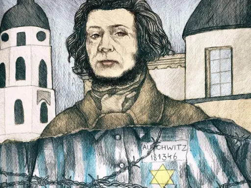 Wajdelota w pasiastej koszuli z numerem obozu Auschwitz i gwiazdą Dawida, na tle budynków przypominających kościoły.