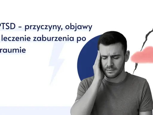 Mężczyzna z ręką na skroni, wyraźnie straumatyzowany, z pęknięciem i chmurką symbolizującymi PTSD.