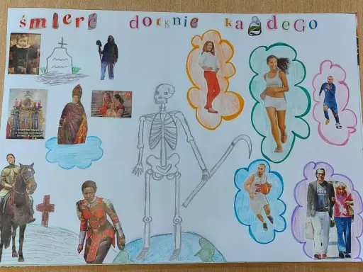 Szkielet z kosą, symbol danse macabre, otoczony ludźmi w różnym wieku i zawodach, od rycerza po sportowców i starszą parę.