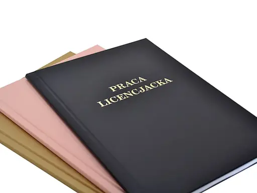 Trzy okładki prac: czarna z napisem "PRACA LICENCJACKA", różowa i złota. Gotowe do uzupełnienia bibliografią.