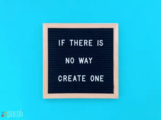Czarna tablica z białym napisem "IF THERE IS NO WAY CREATE ONE" na niebieskim tle.