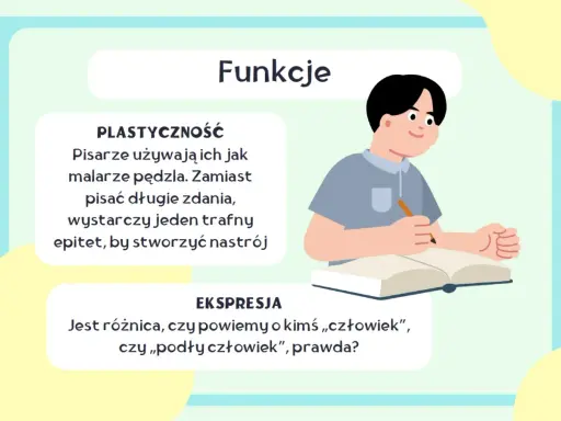 Chłopiec pisze w zeszycie, obok tekst o funkcjach epitetów: plastyczność i ekspresja.