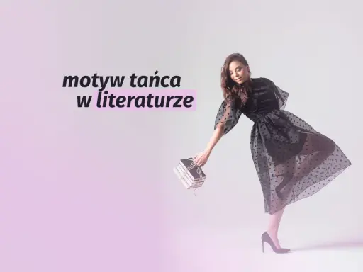 Kobieta w czarnej, tiulowej sukience tańczy, trzymając stos książek.