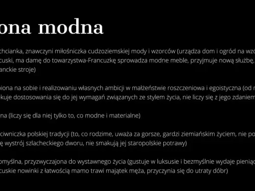 Tekst na czarnym tle: "Żona modna" i lista cech.