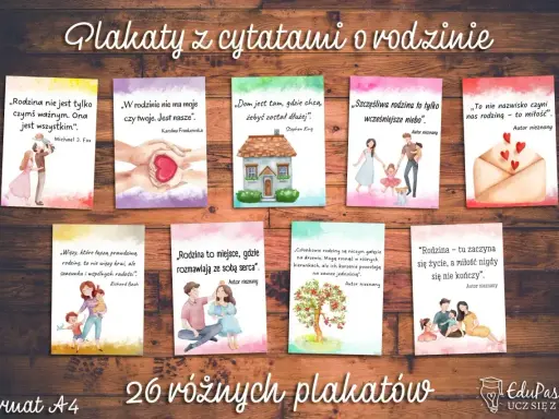 Kolaż plakatów z cytatami o rodzinie, przedstawiający ilustracje rodzin i symboliczne obrazy.
