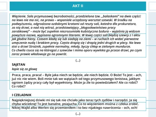 Schemat scenografii teatralnej z tekstem dramatu Witkacego.