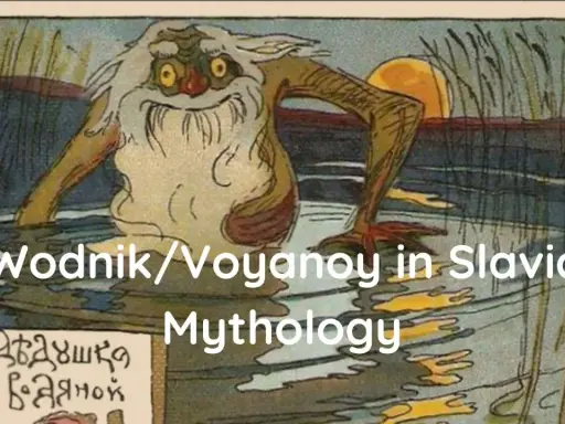 Ilustracja przedstawia wodnika, postać ze słowiańskiej mitologii, stojącą w wodzie.