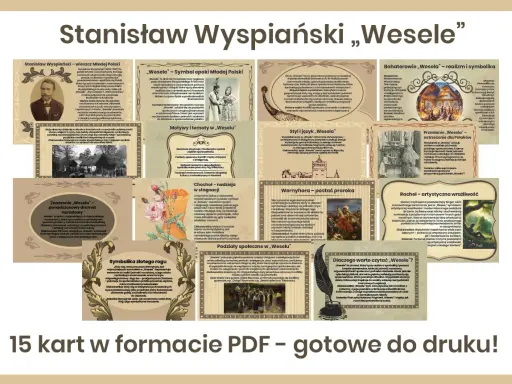 Ilustracja przedstawia kolaż z fragmentami analizy dramatu "Wesele" Stanisława Wyspiańskiego.