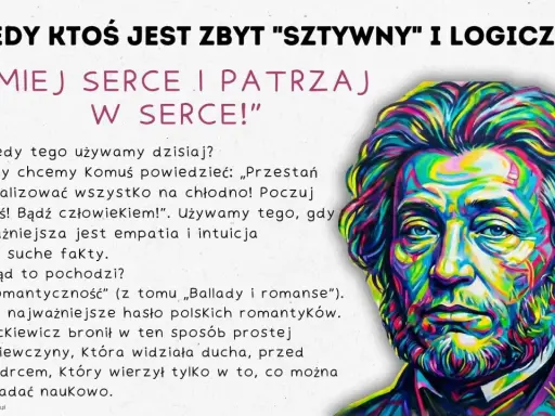 Kolorowy portret mężczyzny z hasłem „Miej serce i patrzaj w serce!”. Podkreśla wagę empatii nad logiką.