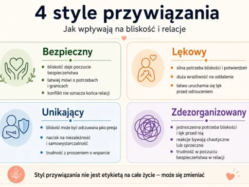 4 style przywiązania: bezpieczny, lękowy, unikający, zdezorganizowany. Każdy z nich wpływa na bliskość i relacje, a unikowy styl przywiązania może być trudny.