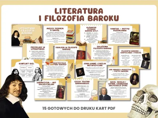 Ilustracja przedstawia kolaż kart z informacjami o literaturze i filozofii baroku, z portretami postaci i symbolami epoki.