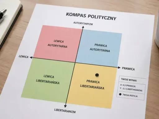 Kompas polityczny pokazuje cztery kwadranty: lewica autorytarna, prawica autorytarna, lewica libertariańska i prawica libertariańska. Twoja pozycja jest w prawicowym, libertariańskim reżimie.