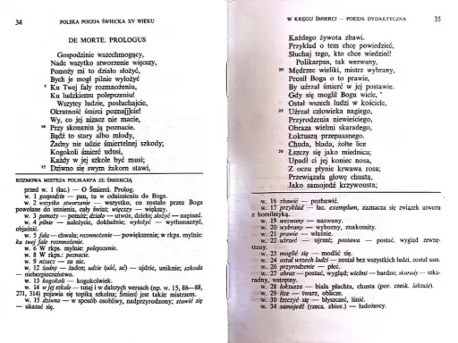 Strona z tekstem poezji, z nagłówkiem "DE MORTE. PROLOGUS" i fragmentem rozmowy.