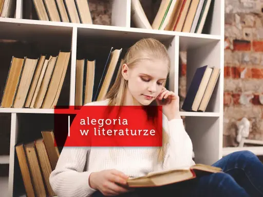 Dziewczynka zamyślona nad książką, otoczona regałami pełnymi literatury. To obraz, który może symbolizować alegorię poszukiwania ukrytych znaczeń w tekstach.