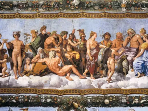 Bogowie Olimpu w chmurach. Wspaniała scena z mitologii greckiej, gdzie Zeus zasiada na tronie, otoczony przez innych bogów i boginie.
