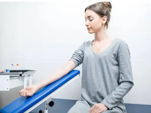 Młoda kobieta czeka na pobranie krwi. Jej ręka spoczywa na niebieskim podłokietniku. W tle widać stojak z probówkami.