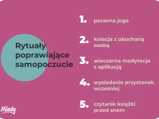 Rytuały poprawiające samopoczucie: poranna joga, kolacja z bliską osobą, medytacja, wcześniejsze wysiadanie z przystanku, czytanie książki. To jest rutyna co to.