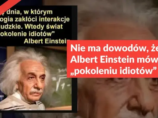 Portret Alberta Einsteina z napisem "FAŁSZ" i tekstem o braku dowodów na jego cytat o "pokoleniu idiotów".
