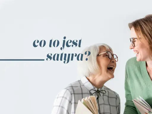 Dwie kobiety w okularach śmieją się, trzymając książki. Tekst: "co to jest satyra?".