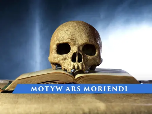 Czaszka na otwartej księdze, na tle ciemnego nieba.
