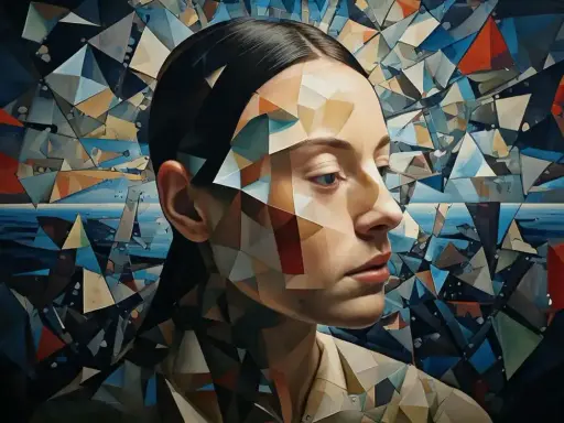 Portret kobiety, której twarz i ciało są fragmentowane w geometryczną projekcję. Tło to abstrakcyjny krajobraz morski.