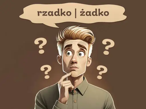 Zastanawiający się mężczyzna otoczony znakami zapytania. W chmurce nad głową widnieje napis "rzadko | żadko", sugerujący problem z pisownią.
