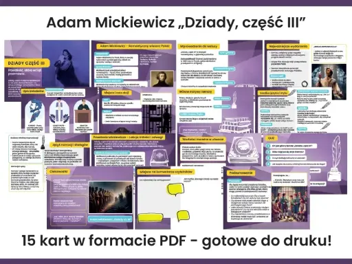 Dziady cz. III bohaterowie: Konrad, Ksiądz Piotr, Senator. Mickiewicz ukazuje ich walkę, cierpienie i miłość do ojczyzny.