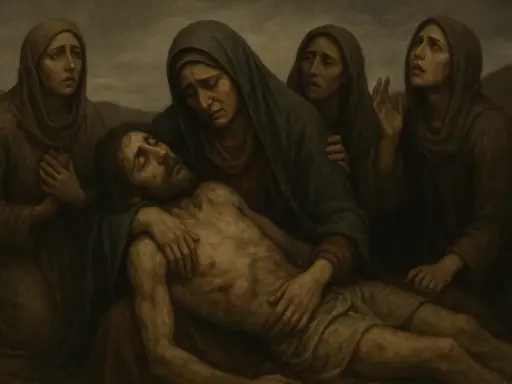 Obraz przedstawia Matkę Boską trzymającą na rękach martwe ciało Jezusa, otoczoną przez opłakujące kobiety.
