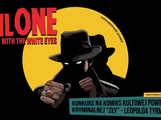 Konkurs na komiks na podstawie kultowej powieści kryminalnej "Zły" Leopolda Tyrmanda. Postać z białymi oczami w kapeluszu.